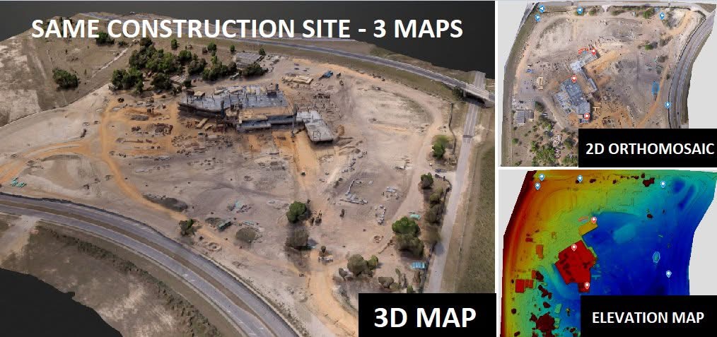 Construction site 3D map with 2D orthomosaic and elevation map side by side