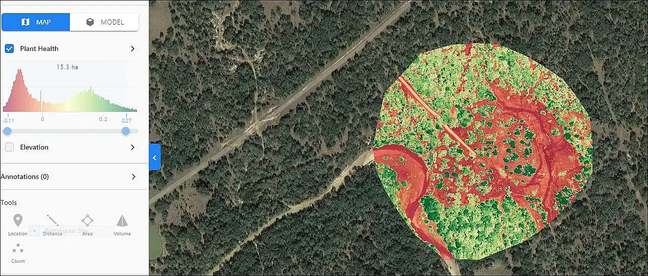 Plant health NDVI analysis map overlaid on aerial site imagery