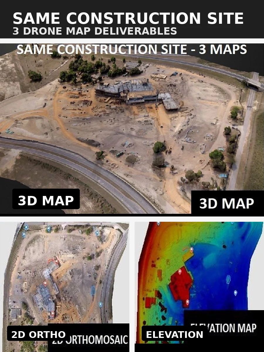 Same construction site shown as 3D map, 2D orthomosaic, and elevation map deliverables